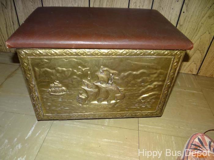 brass embossed wood box with hinged lid
