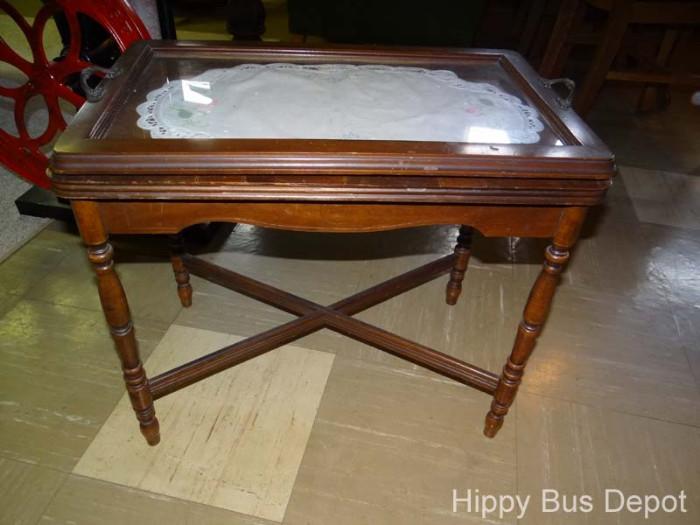 Mahogany table with shadowbox glass top

