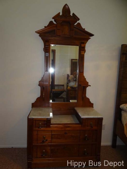 1850's Eastlake Marble top Walnut Dresser and Mirror