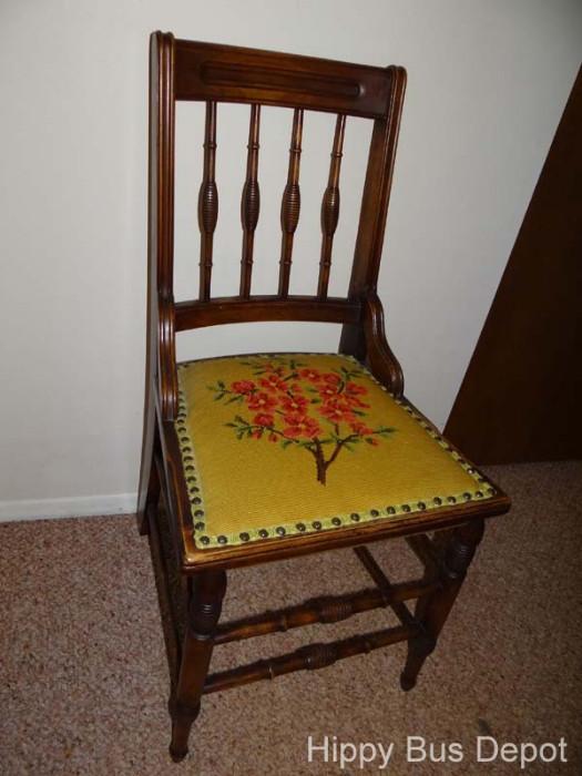 Antique Walnut Chair with Yellow Floral Needlepoint Seat