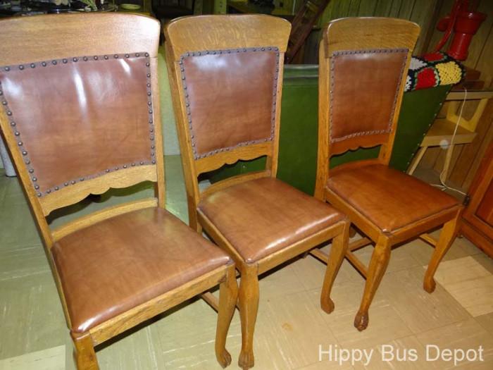 3 oak dining chairs with vinyl seats
