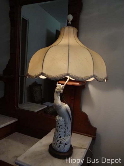 White Porcelain Parrot Bird Lamp & Silk Shade