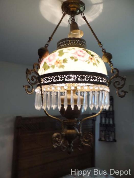 Victorian Chandelier with Floral Milkglass Dome shade and crystals