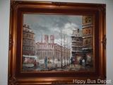 Oil Painting with Scene of 1800's Town in Ornate Copper Painted Frame
