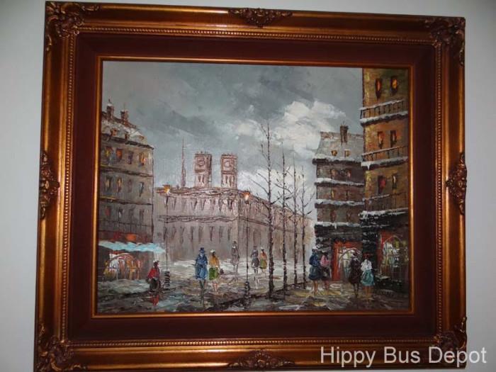 Oil Painting with Scene of 1800's Town in Ornate Copper Painted Frame
