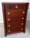 Super mahogany 5 drawer chest, columns, bow front