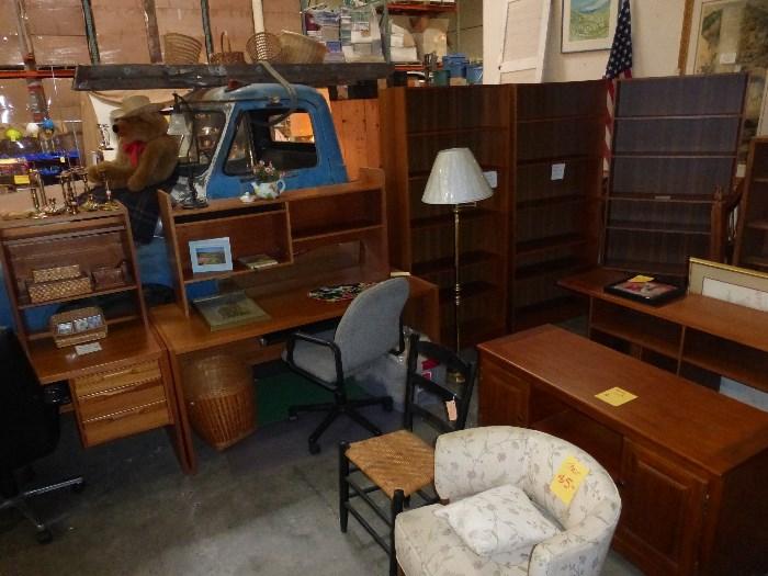Danish modern furniture, two desks and shelves, long media unit, three matching bookcases