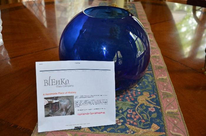 Blenko 10" h colbolt blue, hand made class vase. Blenko is a glass company in West Virginia. Never used. Excellent condition. $45.
