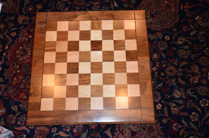 Beautiful Drueke chess board. Board size 22.5". Each playing square 2 1/4". One side has edge cut, the other has a completely smooth surface. Classic solid board