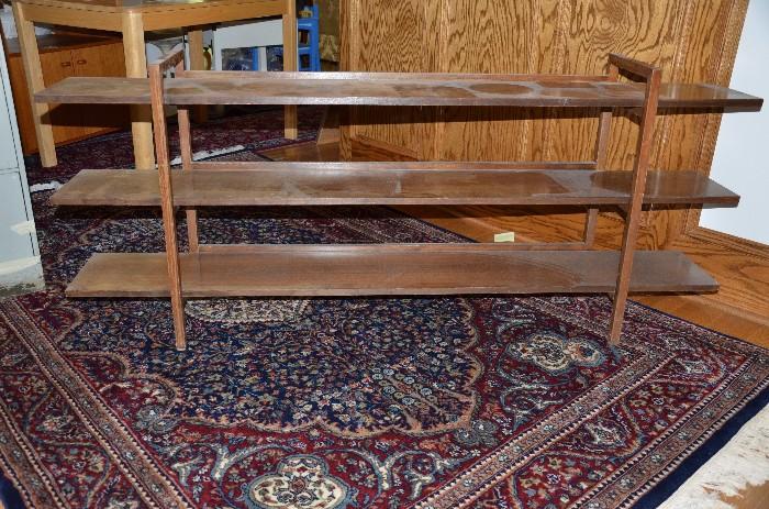 Solid wood shelves, 70"L x 12"w x 26.5"h. Needs refinishing. Priced to $40.
