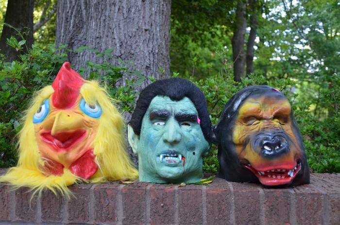 See no evil, hear no evil, speak no evil. The guys are here having fun at our sale. There are several pieces, more than these cone head for one ... Sunday price $5.00 each. Who wouldn't want to be a chicken? There is hair (kind of) on the vampire. Guerilla is just loveable. 