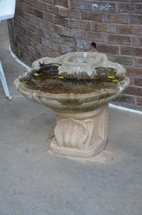 Beautiful solid cement birdbath/fountain. Would need a pump to create a fountain. The birds love the large amount of water. Can be left outdoors all winter. Sunday price ... $50.00