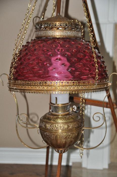 Amazing antique electrified B&H cranberry and brass oil lamp!