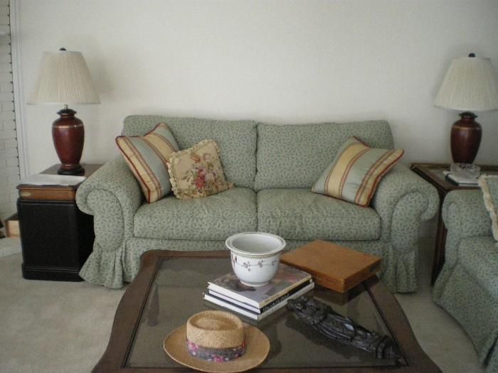 Sofa, lamps, coffee tables, side tables