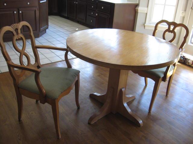 Handmade round oak table and pair French Provincial style chairs