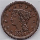 1847 U.S. braided hair large cent graded choice extremely fine