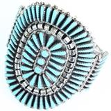 Estate unmarked sterling silver turquoise cuff bracelet with Native American design: 2 3/8" inner diameter, 66.7 gms gross weight
