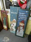 Painted wooden signs for winter "snow flakes falling" & "welcome" 