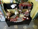 Happy Holidays signs, and figurines, black painted bench