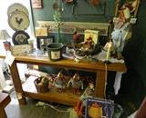 Various pottery, plates Roosters, Great wooden Kitchen Island table