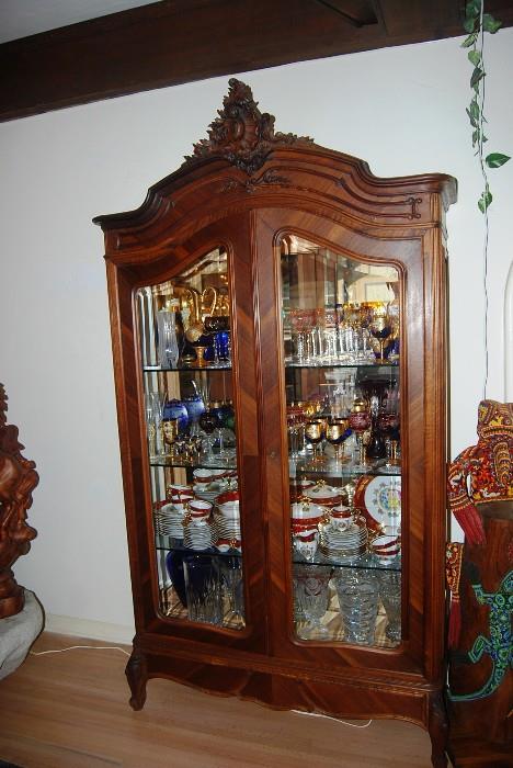 ANTIQUE  8' TALL FRENCH VITRINE (CONVERTED ARMOIRE) GLASS SHELVES LINED WITH SILK  -  ASKING $4000