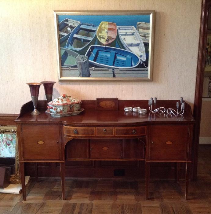 Antique English sideboard in spectacular condition and Brooks "Row Boats" painting that has created quite the stir on Facebook already ... You'll see why in person ... Love it :)