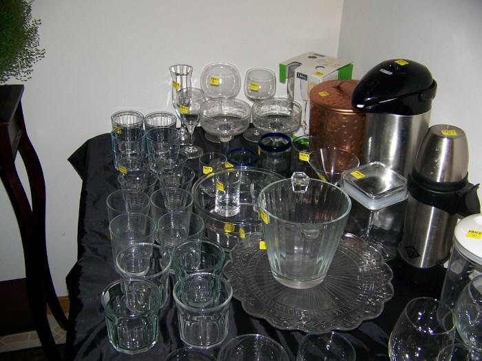 Ice buckets, shot glasses and footed cake dish