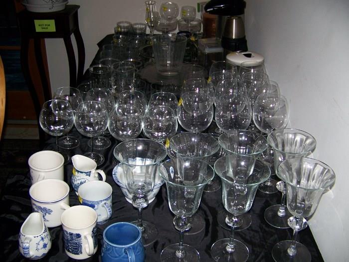 Crystal goblets, glass goblets, rock glasses, stainless coffee server and stainless thermos
