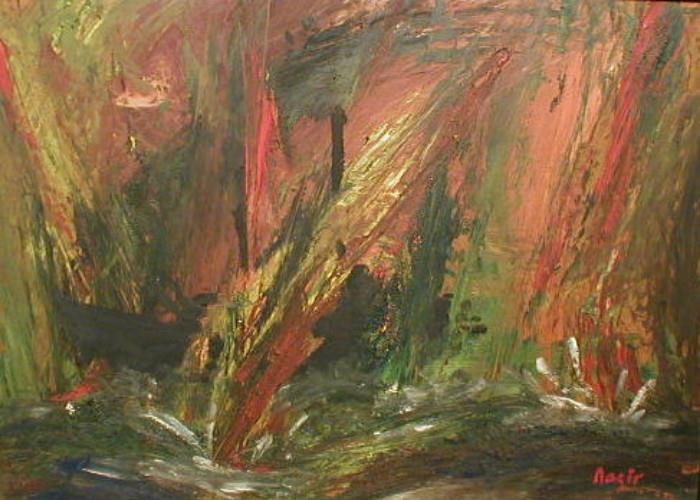 Abstract Impressionism painting on panel signed Nazir.  Mid 20th century
