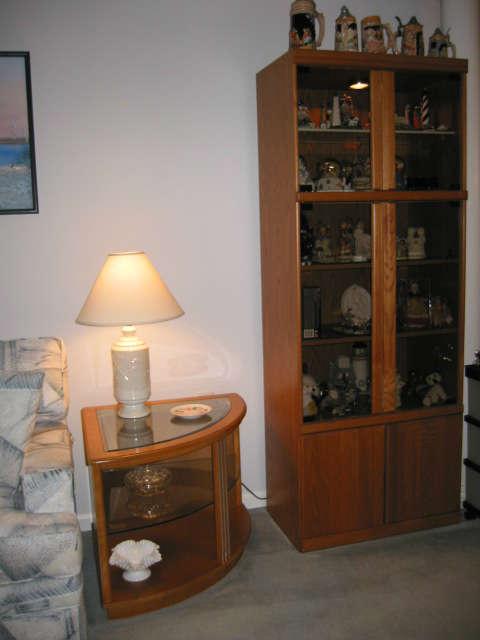 pair corner end tables, curio cabinet