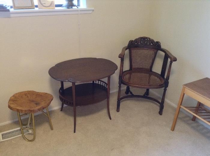 Interesting handmade "stump" stool, antique end table & old carved chair with cane seat
