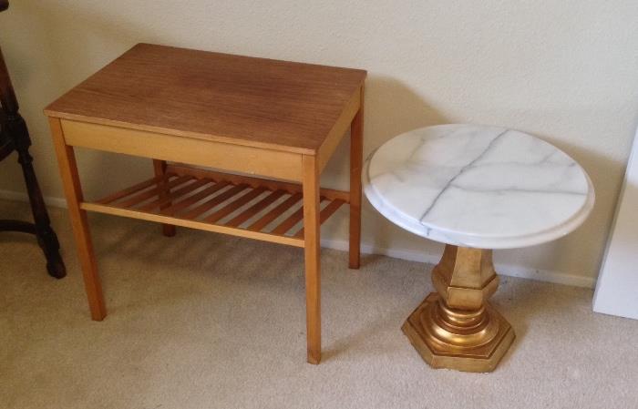 Swedish teak end table with drawer & magazine shelf by Tingstroms + marble top table with gilt base