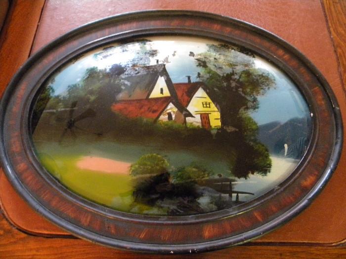 Antique Oval Painting on Convex Glass (one photo with the flash and one without).
