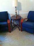              matching blue chairs / antique side table