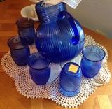 Antique Cobalt Blue Lemonade Set: Pitcher and 6 Glasses (As is, Pitcher has slight chip on rim)