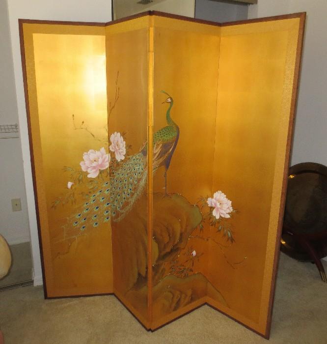 Fabulous vintage 1940's gold leaf 4 panel Japanese silk screen hand painted on both sides