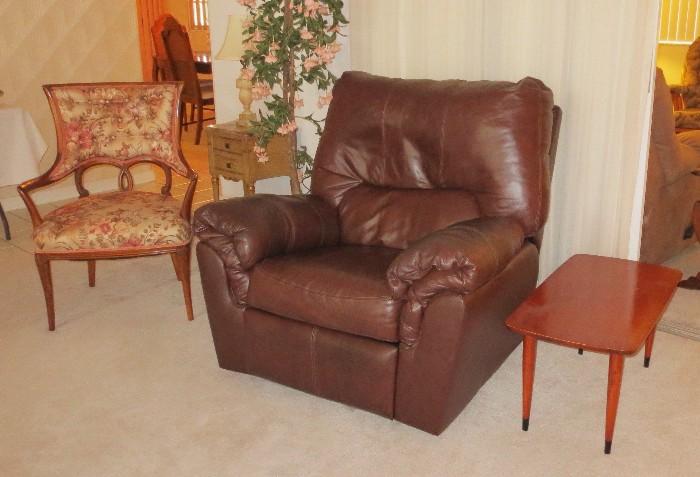 Large leather recliner with French upholstered chair and Mid Century Modern small table