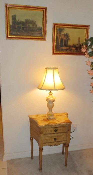 Vintage Italian marble top 2 drawer stand with alabaster lamp and framed Italian prints