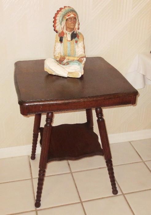 Signed Charles Nagel Buffalo NY oak parlor table with Universal Statuary Indian chief statue
