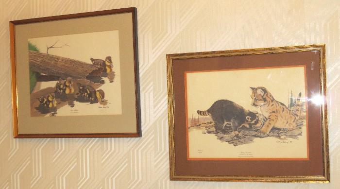 Pair Signed Gene Gray wildlife prints of baby mallards and raccoon with baby lynx