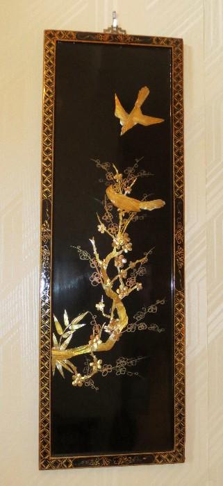 Vintage Japanese mother of pearl birds on tree branch in relief on ebony panel