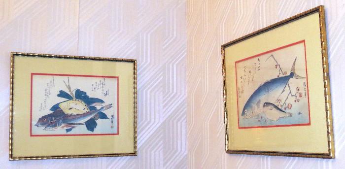 Pair of Japanese signed fish prints with fancy gold faux bamboo frames