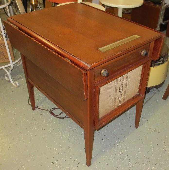Unusual drop-leaf mahogany table with record player and radio combination