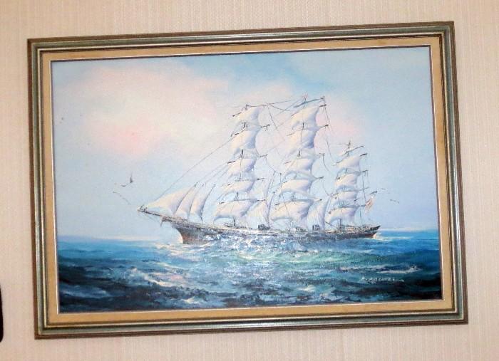 Signed K. Maskell clipper ship oil painting