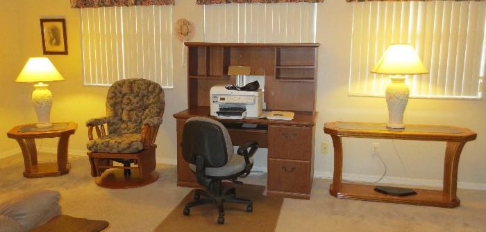 Set of 3 oak glass top tables with rocking chair, desk and office chair