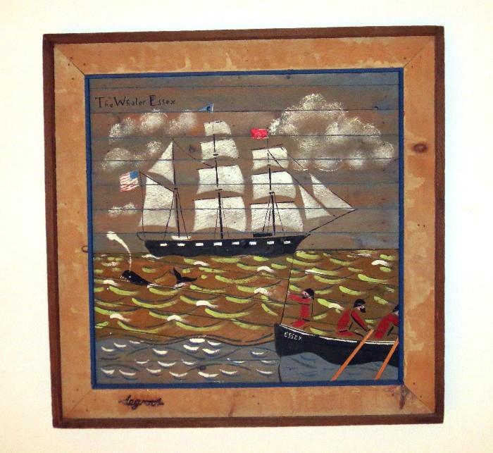 Signed Degroot wood panel painting titled The Whaler Essex