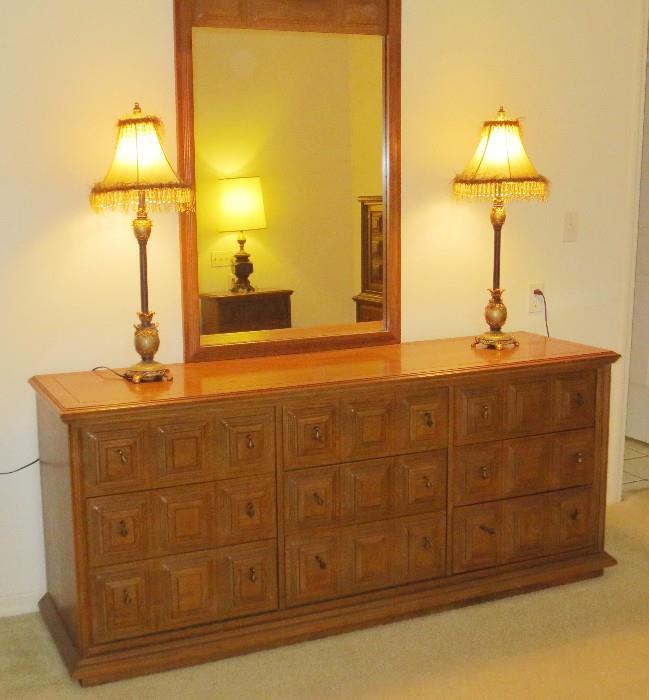 Stanley low chest of drawers with gold pineapple lamps