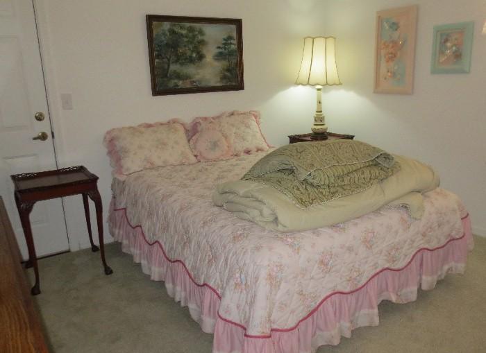Full size bed with pair ball and claw mahogany side tables and shell art wall hangings