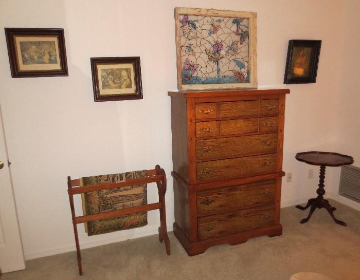 Tall chest of drawers with butterfly glass panel window, Victorian frames, quilt rack and pie crust table