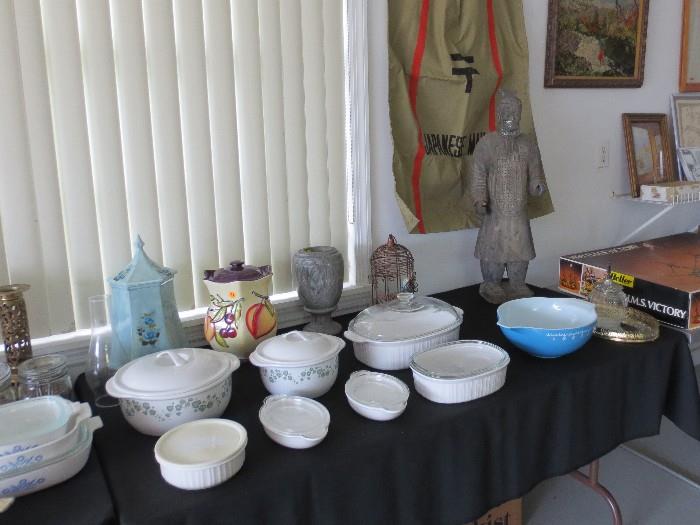 French White Corning Ware, Corelle Stoneware  with old Japanese statue in back